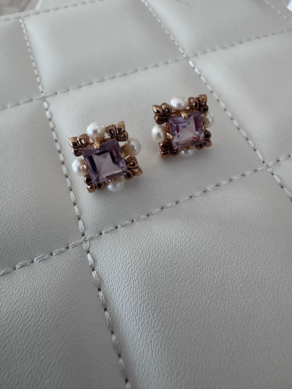 Gold Pearl & Amethyst Square Stud Earrings - Women Jewelry - Picture 2 of 3